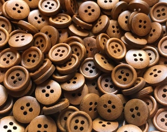 10 Natural Brown / Tan Round Wooden Buttons 11mm or 15mm with 4 holes