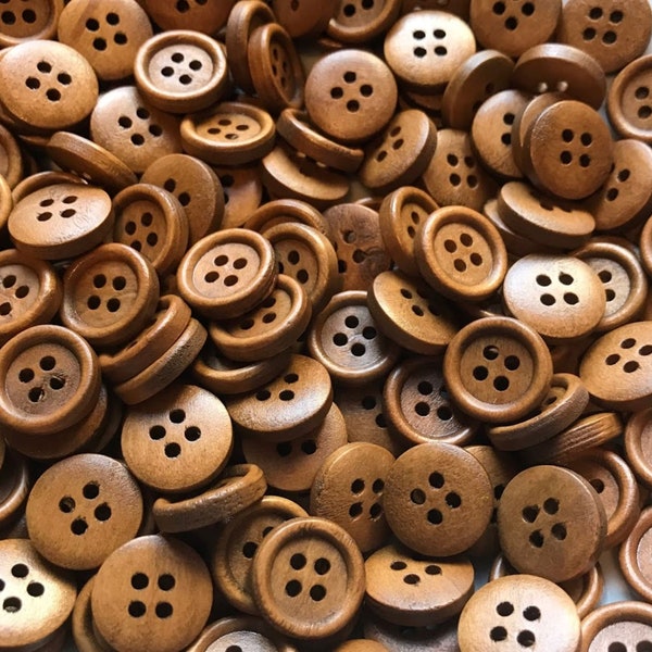 10 Natural Brown / Tan Round Wooden Buttons 11mm or 15mm with 4 holes