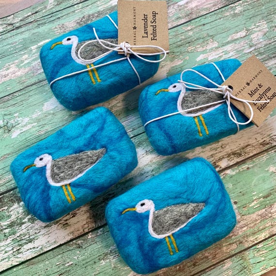 Seagull Felted Soap, blue coastal summer birthday gift, wool 7th wedding anniversary gift, cute seaside theme gift for friend or mum