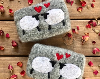 Felted Sheep Soap with hearts made with sheep wool, 7th wedding anniversary gift for spouse, gift for wife, gift for husband gift for couple