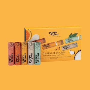100% Natural Jumbo Lip Balm Gift Set, &quot;Best of the Best&quot; 5 Pack Bundle, Leaping Bunny Certified, Cruelty-Free, Poppy & Pout