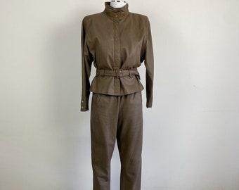 Vintage 80s Brown Leather Pant Suit, Mandarin Collar Jacket, Size S/M