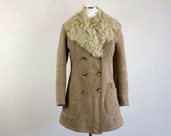 Vintage 70s Penny Lane Suede Coat with Shearling Fur Collar