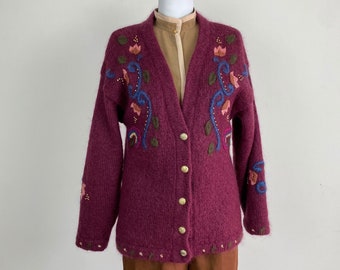90s vintage mohair cardigan with embroidery, wool cardigan, wool and mohair cardigan, vintage mohair embroidered cardigan, floral cardigan