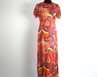 Vestido longo vintage dos anos 70, vestido longo da década de 70, vestido maxi dos anos 70, vestido de verão dos anos 70, vestido maxi vintage, vestido maxi retrô, vestido psicodélico