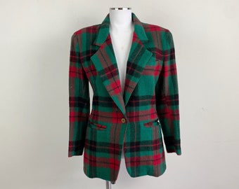 90s vintage women wool plaid blazer, green plaid blazer, women wool blazer, women plaid blazer, Christmas plaid blazer, tartan blazer