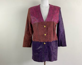 Vintage 90s colorful leather jacket, 1990s leather jacket, retro leather jacket, 1990s colorful jacket, pink and purple leather