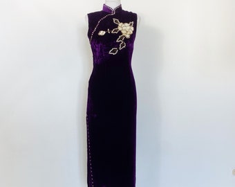 Purple velvet cheongsam dress, velvet embroidered dress, embroidered long dress, asian dress, velvet sheath dress, velvet sleeveless dress