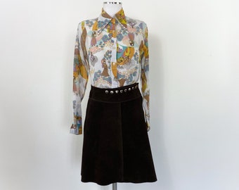 Vintage Brown Suede Wrap Skirt, 60s 70s Button Closure