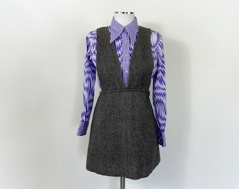 60s 70s vintage tweed wool dress, 60s mini dress, 1970s dress, sleeveless dress, winter pinafore, tweed mini dress, winter sleeveless dress