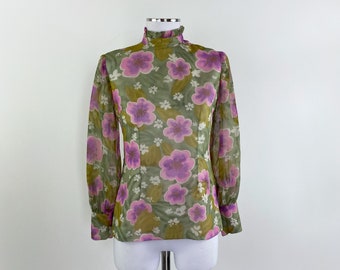 Vintage 70s floral blouse, 1970s floral blouse, 1970s blouse, ruffle collar blouse, long sleeve ruffle blouse, sheer blouse, ruffled blouse