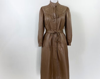 Vintage 70s Brown Leather Trench Coat: Embroidered Belted Jacket