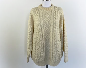 Irish Merino Wool Knit Sweater, White Winter Sweater, White Cable Knit Sweater, Unisex Cable Knit Sweater