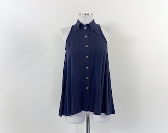 Vintage 1990s VERSUS by GIANNI VERSACE top, 90s medusa Versace top, blue sleeveless top