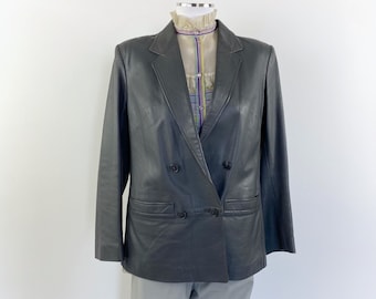 Vintage Gray Leather Blazer: Double Breasted Jacket, Size M