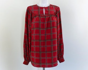 Vintage SORELLE FONTANA red silk blouse, red silk shirt, pure silk, plaid silk blouse, plaid silk shirt, designer blouse, 80s 1980s blouse