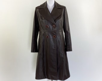 Vintage 70s Brown Leather Trench Coat: Double Breasted, Size M