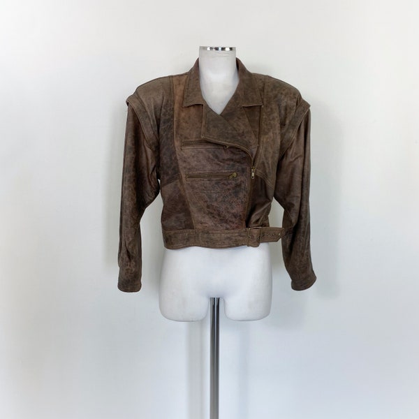 80s 90s vintage brown leather bomber jacket, rocker leather jacket, leather jacket women, biker jacket, distressed leather jacket