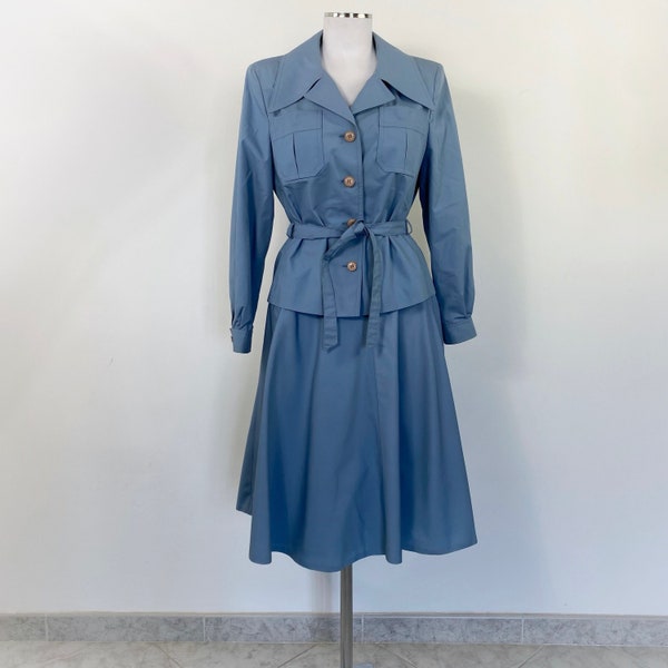 tailleur jupe vintage des années 60 et 70, ensemble jupe bleue, ensemble assorti, ensemble jupe en tricot, tailleur jupe bleue, ensemble deux pièces, tailleur jupe cercle, costume pour femme