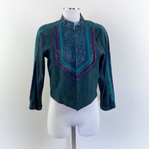 veste en cuir ROBERTO CAVALLI vintage, veste en cuir bleue, veste en cuir ornée, veste en cuir courte, veste en cuir peint