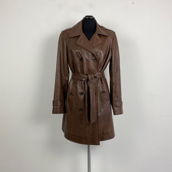 Brown leather trench coat, double breasted trench