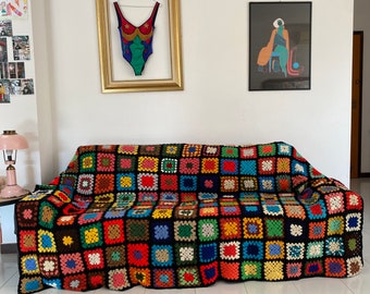 Vintage plaid wool crochet blanket, knitted blanket, grandma blanket, granny square blanket, granny square crochet blanket, rainbow blanket