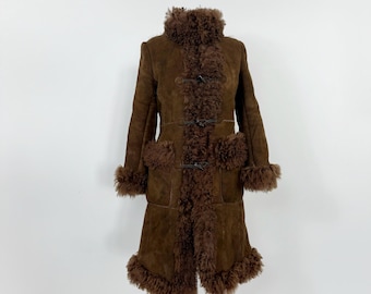 Vintage 70s Suede Afghan Coat, Shearling Fur Trim, Boho Hippie Style