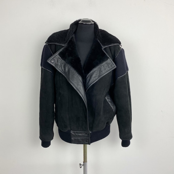 80s 90s shearling jacket, black shearling jacket,