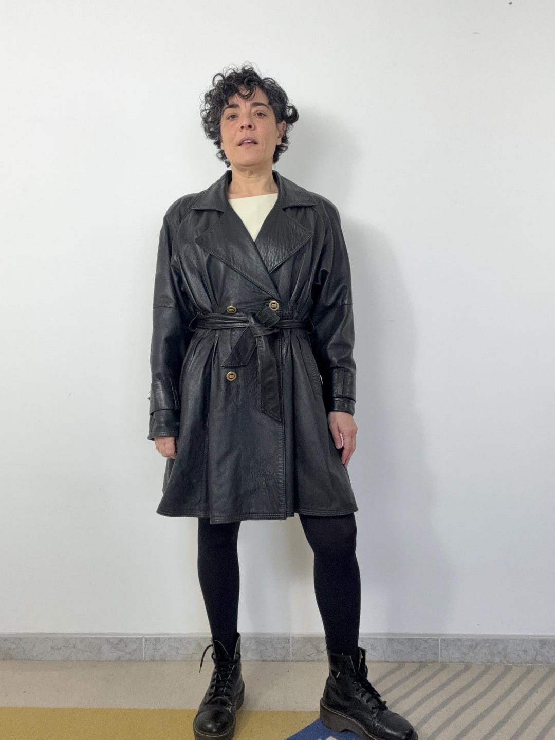 Vintage 90s Black Leather Trench Coat: Oversized Double Breasted