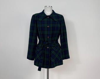 Chaqueta vintage de lana a cuadros Pendleton de los años 70: Tartán azul y verde, talla S/M, chaqueta con cinturón de tartán.