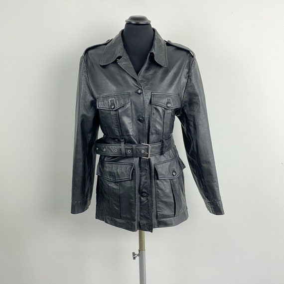 Vintage black leather jacket with belt