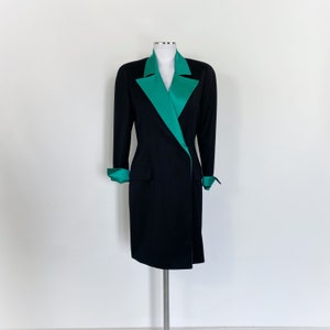 Vintage 90s GENNY dress, Black sheath dress with green silk cuff, vintage 90s dress, vintage elegant dress, double breast dress