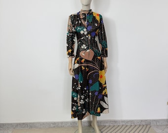 Vestido vintage de lúrex con estampado floral de los años 70, vestido largo con estampado floral, vestido floral de primavera, vestido con pañuelo, vestido de los años 70, vestido retro, vestido de cuello caído.