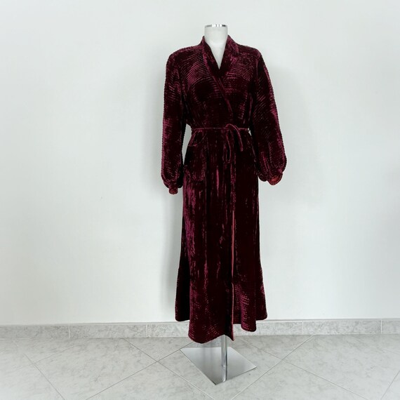 Vintage Burgundy Velvet Robe, Quilted Long Dressing Gown, S/M