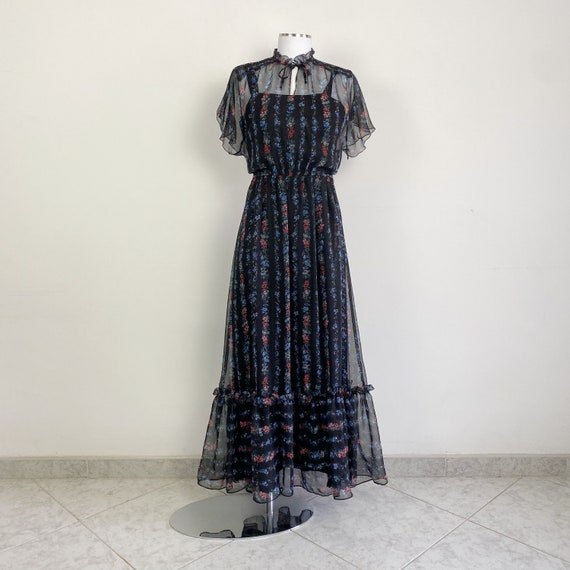 Toomuchmarion 70s Long Floral Dress, Butterfly Sleeve Dress, 70s Maxi Dress, 70s Retro Dress, Boho Dress, 1970s Dress, Romantic Dress, Bell Sleeve Dress