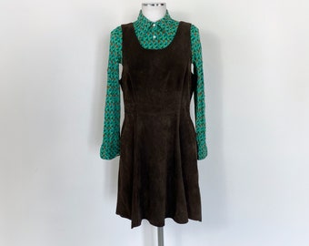 Vintage 70s brown suede dress, 1970s pinafore, sleeveless brown dress, brown pinafore, brown overall dress