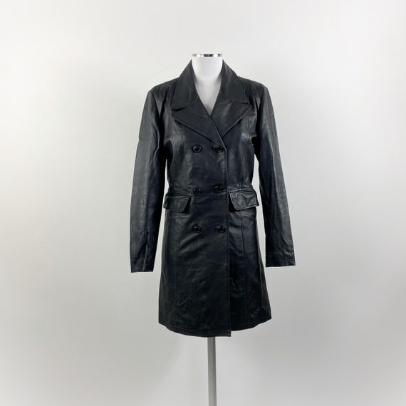 Vintage 70s 80s Black Leather Trench Coat, Double Breast