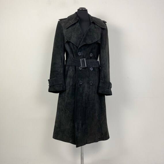 70s 80s vintage suede leather trench coat, black t