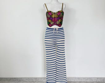 Vintage Crochet Bell Bottom Pants: Striped Wide Leg Trousers