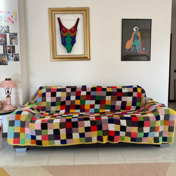 Vintage plaid wool crochet blanket, knitted blanket, grandma blanket, granny square blanket, granny square crochet blanket, rainbow blanket