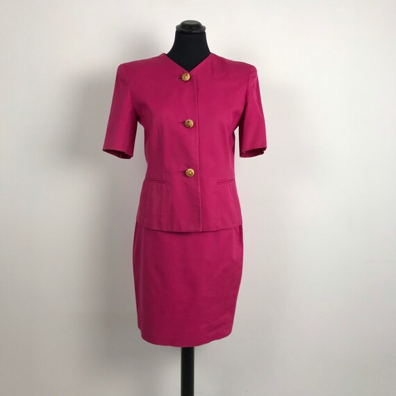 hot pink jacket and skirt set