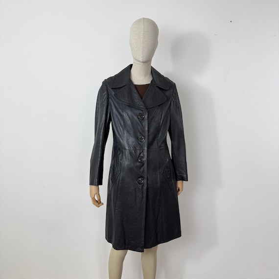 Vintage 1970s black leather coat, black leather trench coat, midi leather coat, womens leather coat, 1970s coat, 1970s jacket