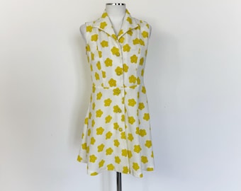 Vintage 60s Floral Mini Dress: Yellow Flower Power, Button Front