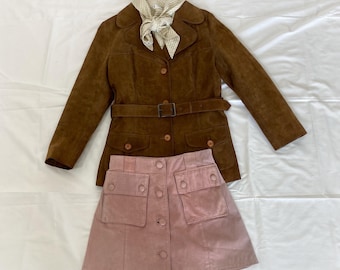 Vintage 60s Pink Suede Mini Skirt, Button Front, Pockets