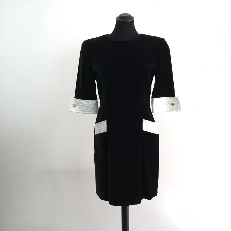 90s vintage black velvet dress, knee lenght dress, vintage sheath dress, black fitted dress, 1990s black velvet dress, velvet mini dress image 1