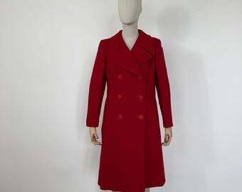 Vintage 60er Jahre Mod Roter Wollmantel, Zweireihiger Mantel
