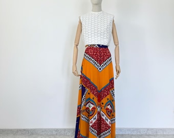 Vintage 70s Psychedelic Pattern Flared Long Skirt, High-Waisted Acetate Maxi