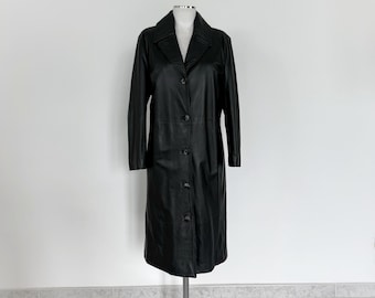 Vintage 90s Black Leather Trench Coat: Padded Jacket, Size M, black leather maxi coat, black leather long coat