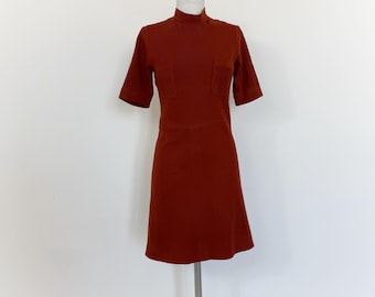 Minivestido vintage de los años 60 color óxido: vestido tubo de lana con bolsillos (S/M)
