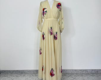 Vintage 70s Floral Maxi Dress: V-Neck Pleated Party Dress